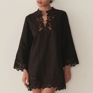 NWT Doen Roselie Linen Lace Crochet Collar 3/4 Sleeve Tunic Mini Dress Black